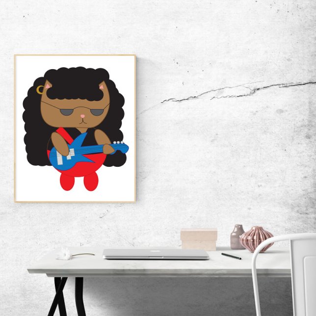 Poster Cat 80s Lourd Métal Coiffure Baid (A fun poster of a cat dressed up as a member of a hair metal band playing bass.)