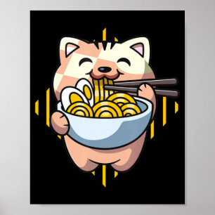 Poster cat boba eat ramen anime kawaii neko cat drinking