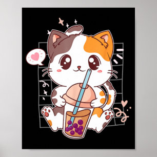 Poster Cat Boba Tea Bubble Tea Kawaii Anime Japanese Neko