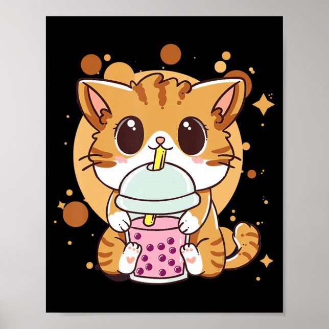 Poster Cat Boba Tea Bubble Tea Kawaii Anime Japanese Neko (Devant)