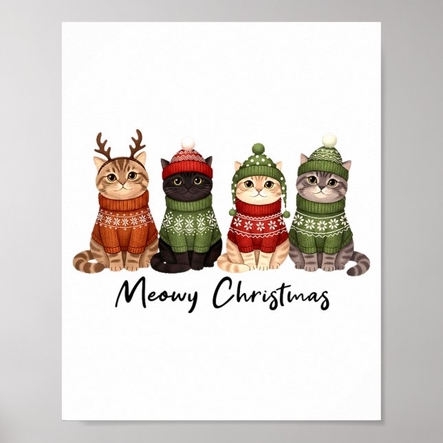 Poster Cat Christmas Light Reindeer Santa Meowy Christmas (Devant)
