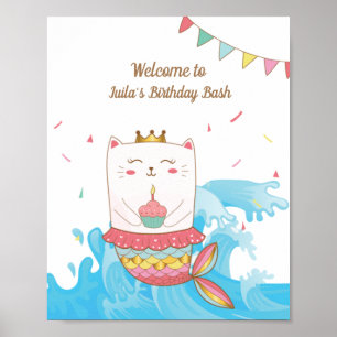 Poster Cat mermaid fête d'anniversaire