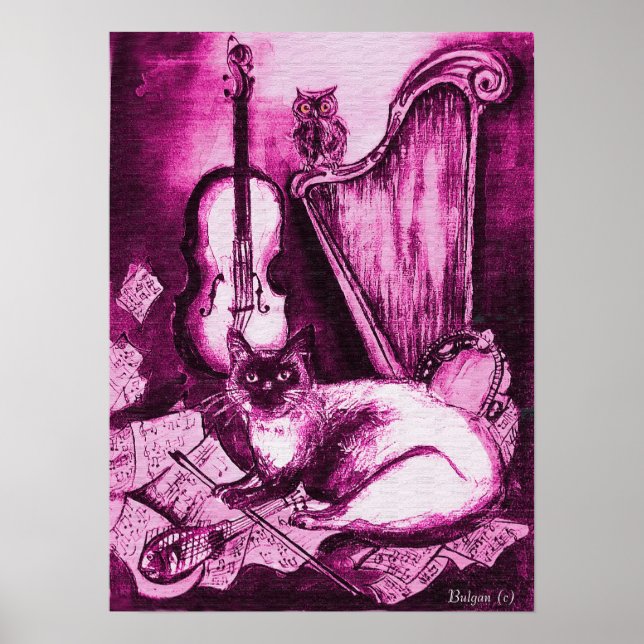 Poster CAT MUSICAL, PInk violet et blanc (Devant)