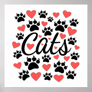 Poster Cat Paws Claws Et Red Hearts