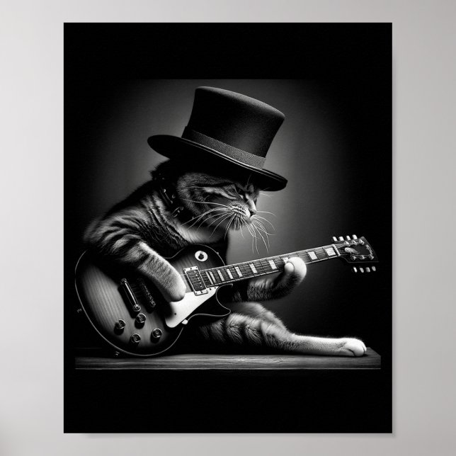 Poster Cat Playing Guitar - Funny Rock Music Guitar Cat F (Devant)