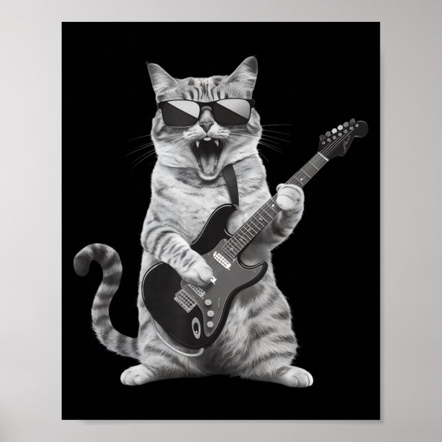 Poster Cat Playing Guitar Rock Star Rock And Roll Men Wom (Devant)