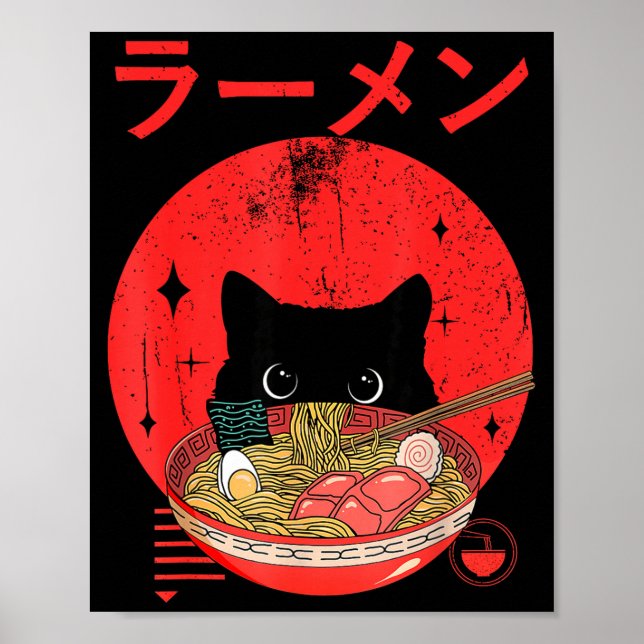 Poster Cat Ramen Japanese Funny Graphic Tees Kawaii Cat A (Devant)