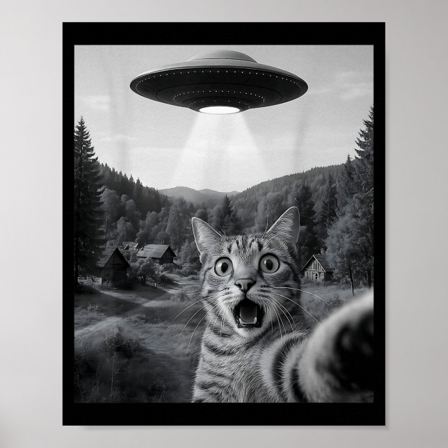 Poster Cat Selfie With Alien Ufo Funny Cat Funny Ed Cat  (Devant)