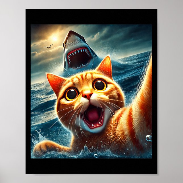 Poster Cat Selfie With Shark Funny  (Devant)