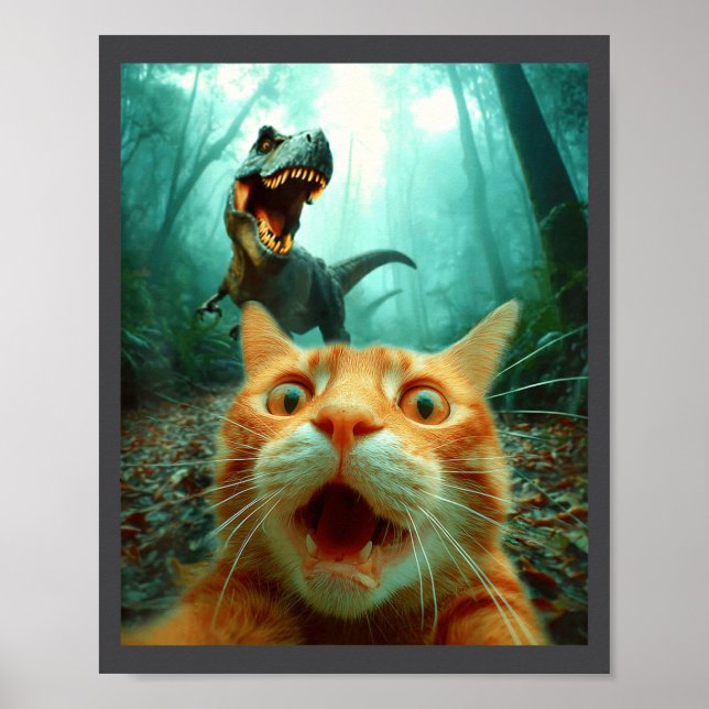 Poster Cat Selfie With T-rex Dinosaur Trex Dino Men Women (Devant)