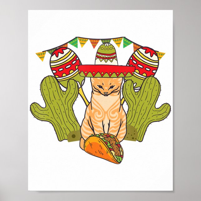 Poster Cat Taco Sombrero Mexicaine Fiesta Funny Cinco de  (Devant)