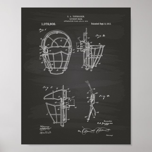 Poster Catcher's Mask 1913 Patent Art Chalkboard (Devant)