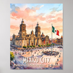 Poster Cathédrale catholique de Mexico Watercolor Voyage