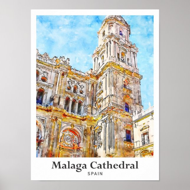 Poster Cathédrale de Malaga Espagne Voyage Aquarelle (Devant)