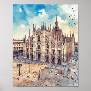 Poster Cathédrale de Milan Italie Aquarelle Art