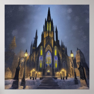 Poster Cathédrale gothique de nuit