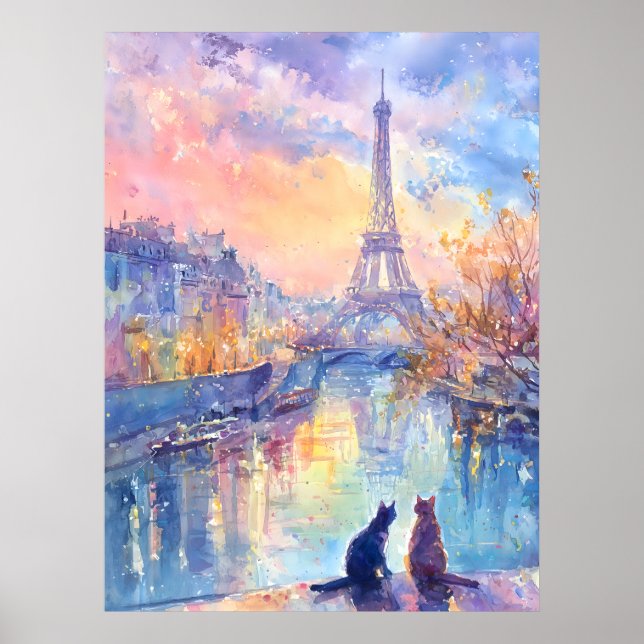 Poster Cats in Paris Twilight – Watercolor Romance (Devant)