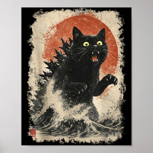 Poster Catzilla Chat Art Japonais Drôle pour Hommes Femme
