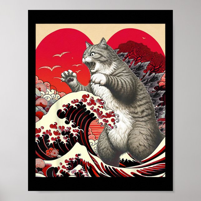 Poster Catzilla Chat Valentine Japonaise Art Drôle Chat C (Devant)