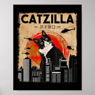 Poster Catzilla vintage - Drôle Tuxedo Chat Et Kitten