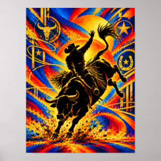 Poster Cavalier de rodéo sur un taureau en silhouette