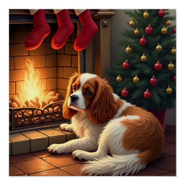 Poster Cavalier King Charles by the Fireplace Christmas (Devant)