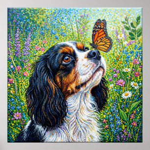 Poster Cavalier King Charles Spaniel Papillon Jardin Pos