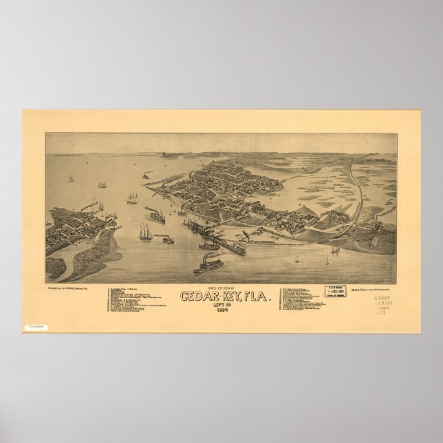 Poster Cèdre Key Florida 1884 Antique carte panoramique (Devant)