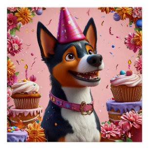 Poster Célébration d'anniversaire avec un chien heureux