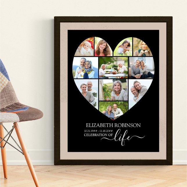Poster Célébration de la vie Coeur en forme 11 Photo Coll (Funeral memorial poster to order professionally printed or as a printable digital download)