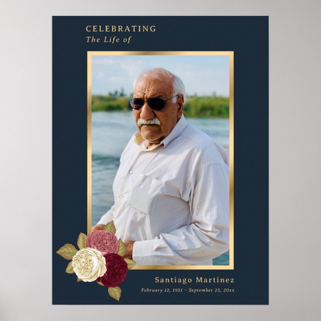 Poster Célébration de la vie en or bleu Panneau funéraire (Devant)