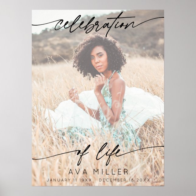 Poster Célébration de la vie Script Funeral Photo | Blanc (Devant)