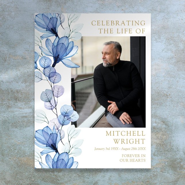Poster Célébration Florale Bleue De La Vie Symbole Photo (Blue Floral Funeral Celebration Of Life Photo Sign)