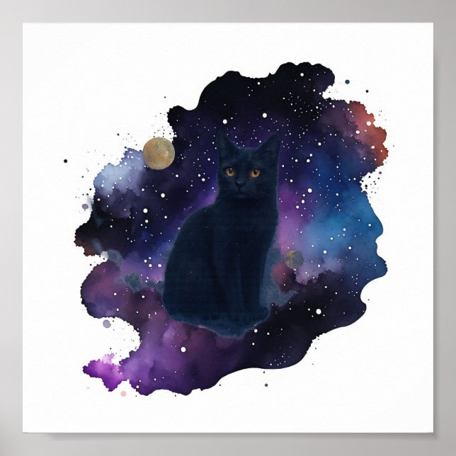Poster Céleste Chat Noir Esprit Mystique Animal Cosmique (Devant)