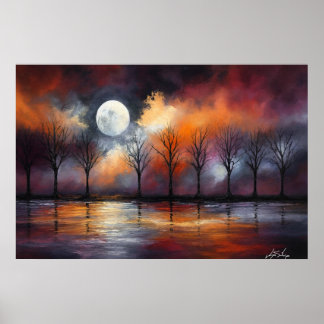 Poster Celestial Echoes - Bare Trees Under Fiery Moonrise