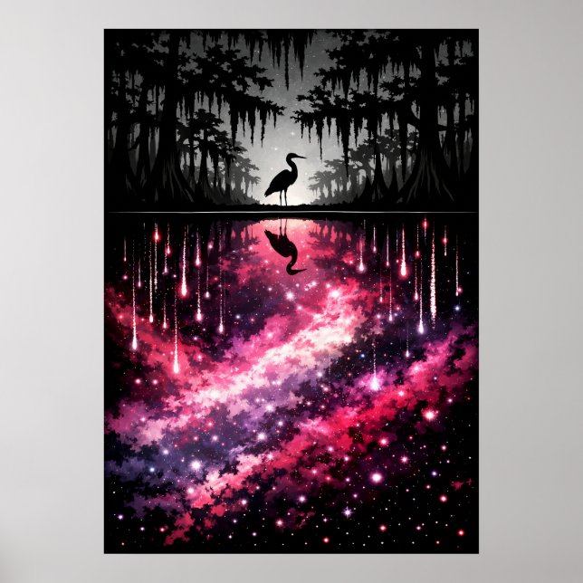 Poster Celestial Heron Swamp Reflection Art (Devant)