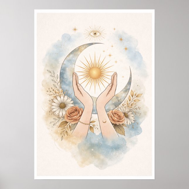 Poster Celestial Sun Moon Hands Aesthetic Wall Art (Devant)
