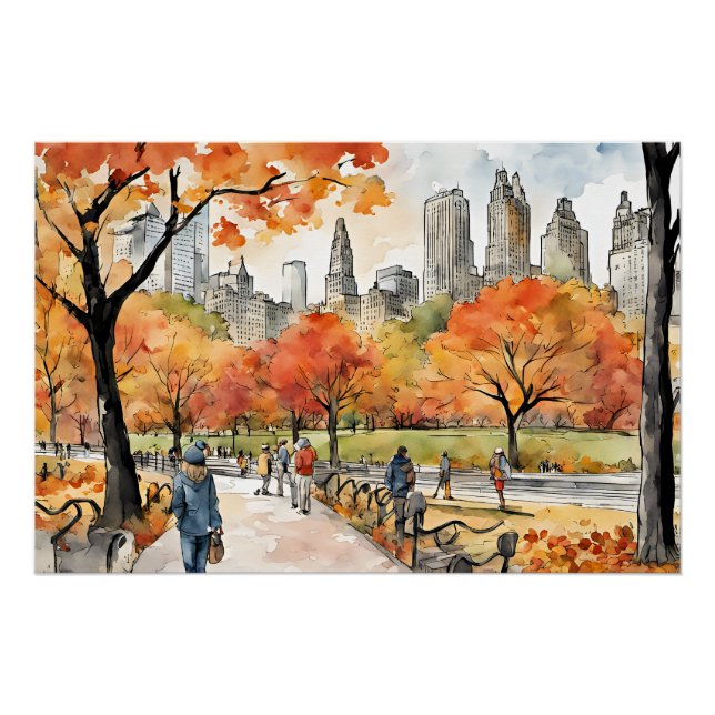 Poster Central Park, aquarelles, générées par l'IA, (Devant)