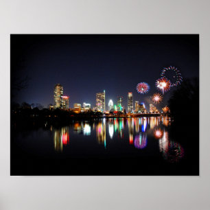Poster Centre-ville d'Austin Texas Night Skyline Firework