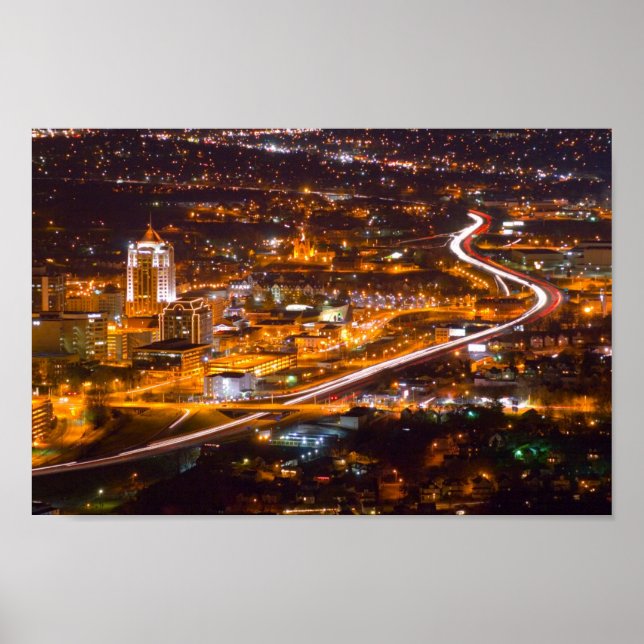 Poster Centre-ville de Roanoke, Virginie à la nuit. (Devant)