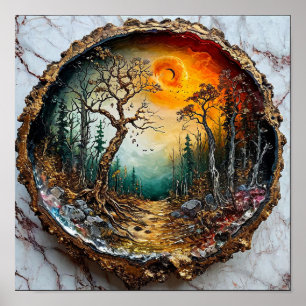 Poster Cercle de bois Fantastique Forêt Magique Coucher d