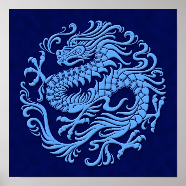 Poster Cercle de dragon chinois bleu traditionnel (Devant)