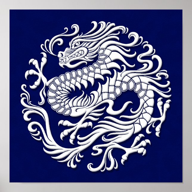 Poster Cercle de dragon chinois traditionnel blanc et ble (Devant)