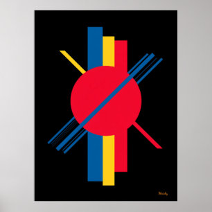 Poster Cercle rouge avec barres bleues et jaunes Bauhaus