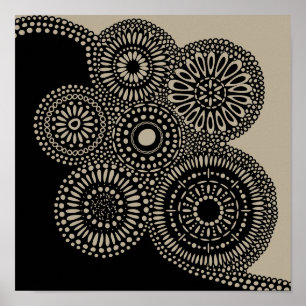 Poster Cercles Abstraits Fleurs de points Noir sur Tan Im