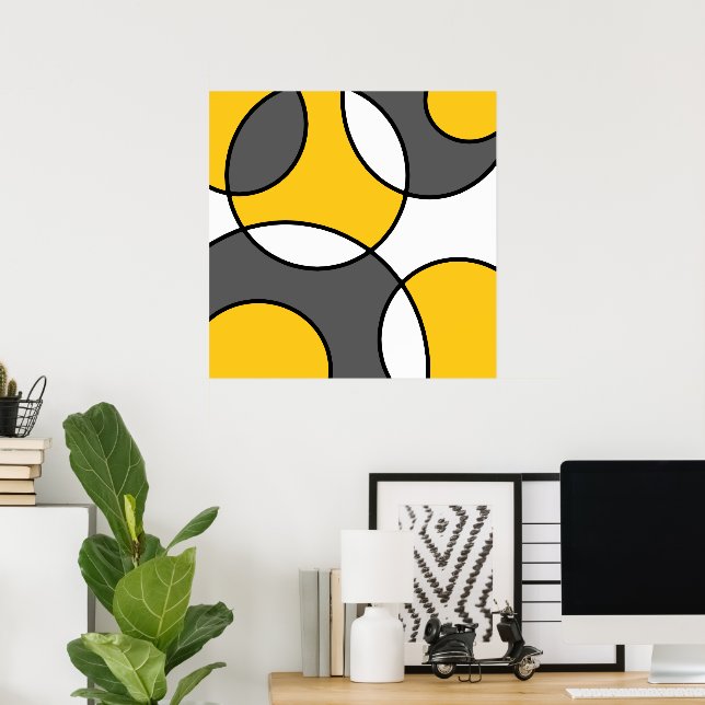 Poster Cercles Abstraits gris jaune noir blanc (Bureau à domicile)