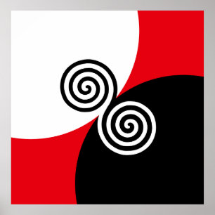 Poster Cercles spirales abstraits sur fond noir rouge et 