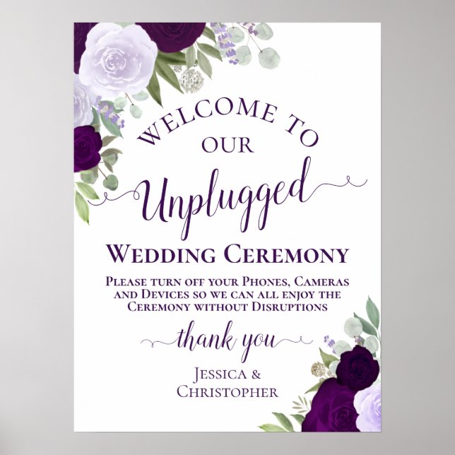 Poster Cérémonie de Mariage pourpre Boho Chic Floral débr (Devant)