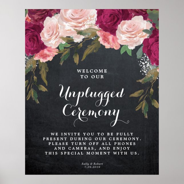 Poster cérémonie mariage débranchée signe floral bordeaux (Devant)