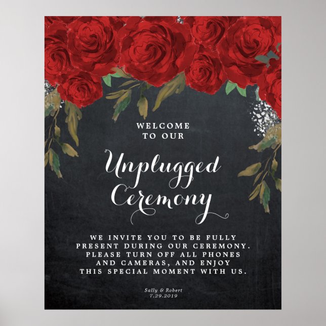 Poster cérémonie mariage débranchée signe rouge roses flo (Devant)